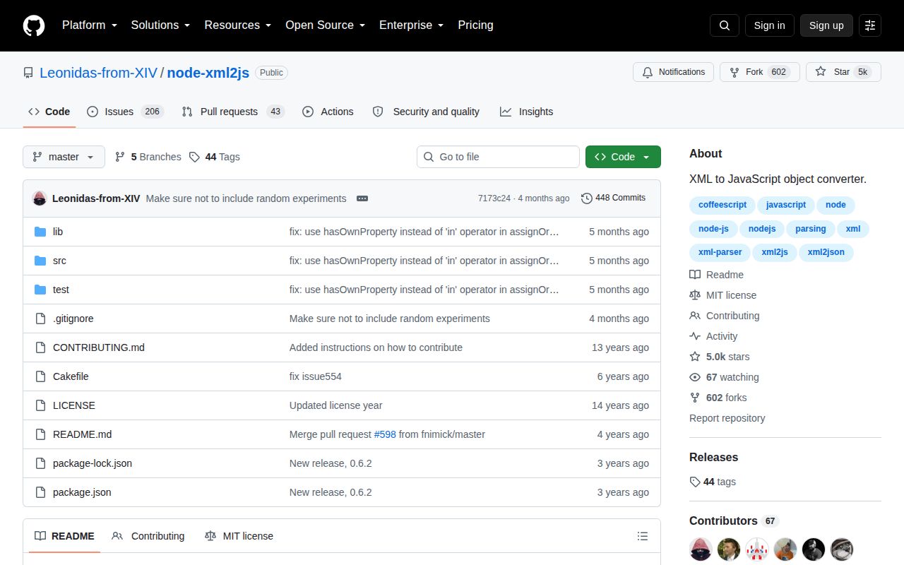 Screenshot of xml2js documentation