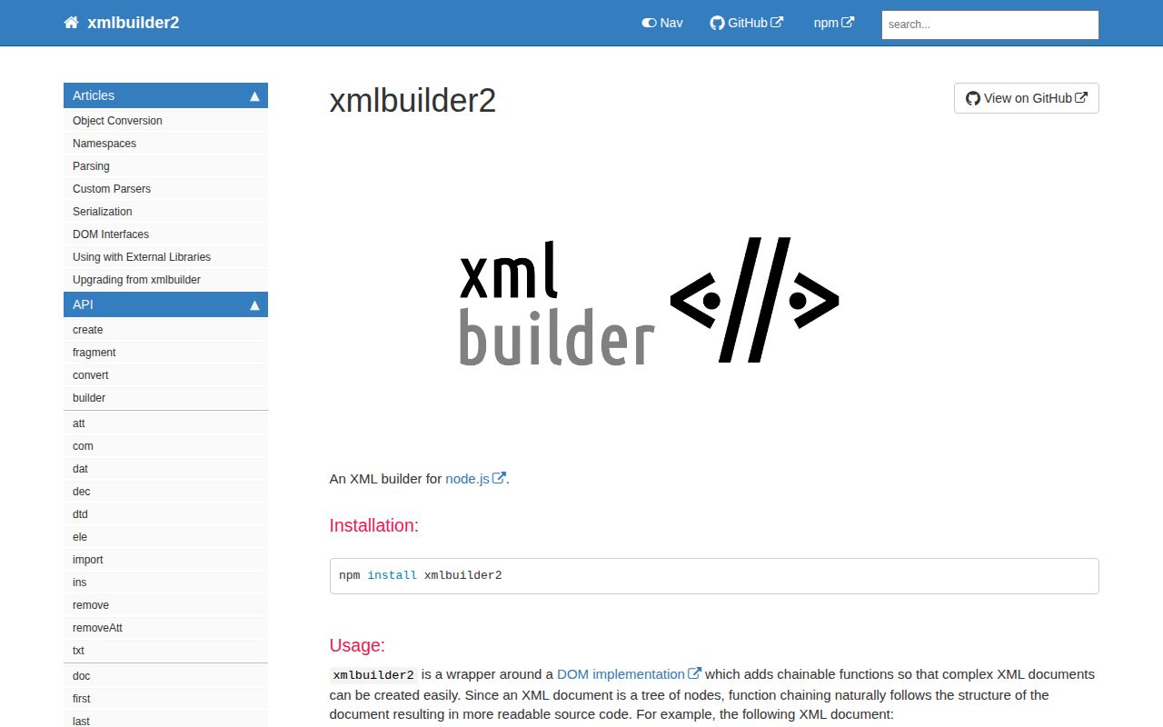 Screenshot of xmlbuilder2 documentation