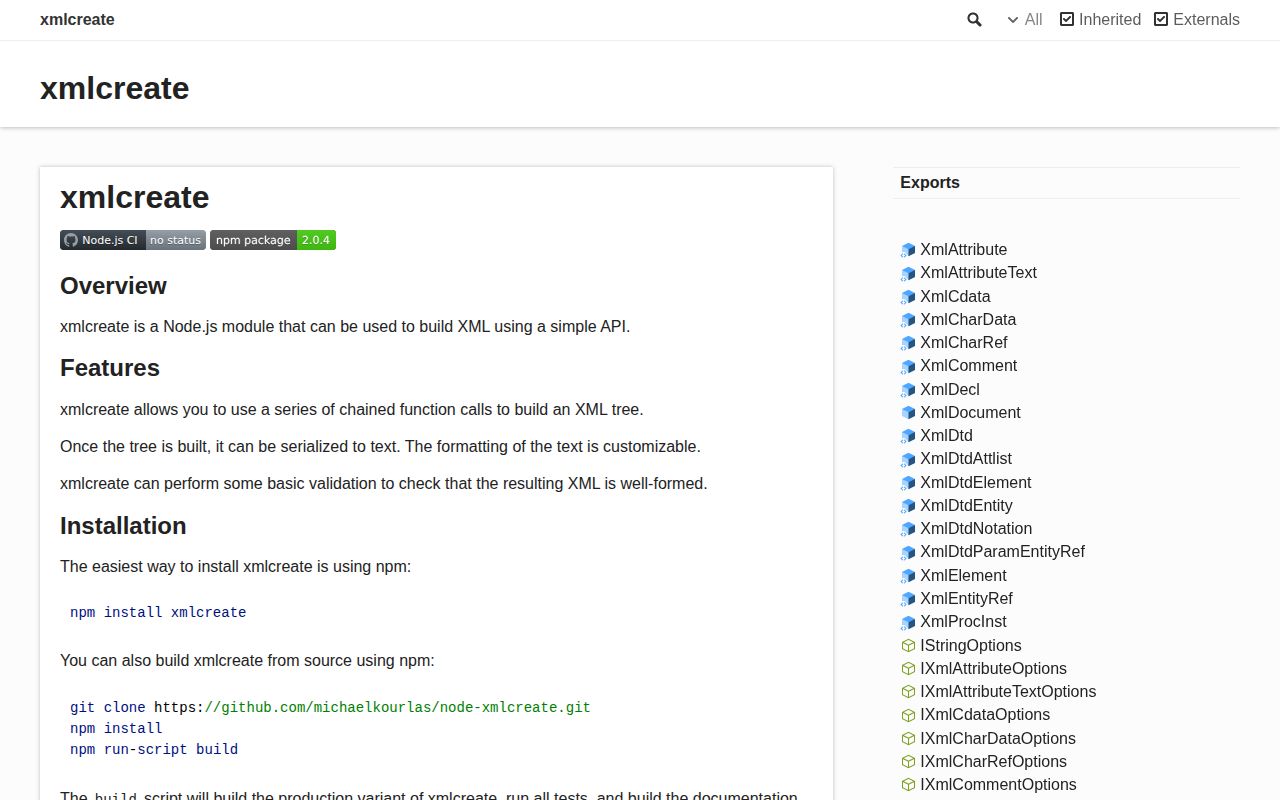 Screenshot of xmlcreate documentation