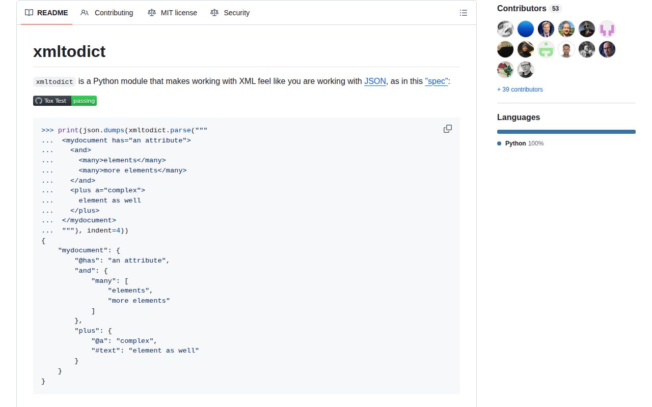 Screenshot of xmltodict documentation