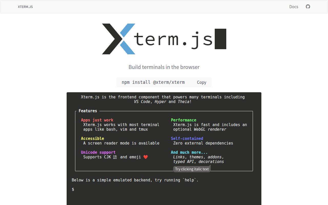 Screenshot of xterm.js (xtermjs.org)