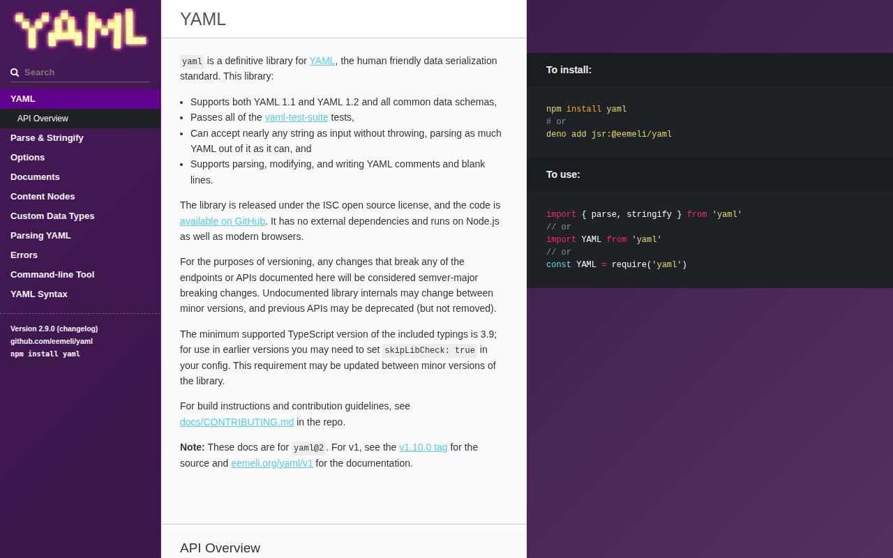 Screenshot of yaml documentation