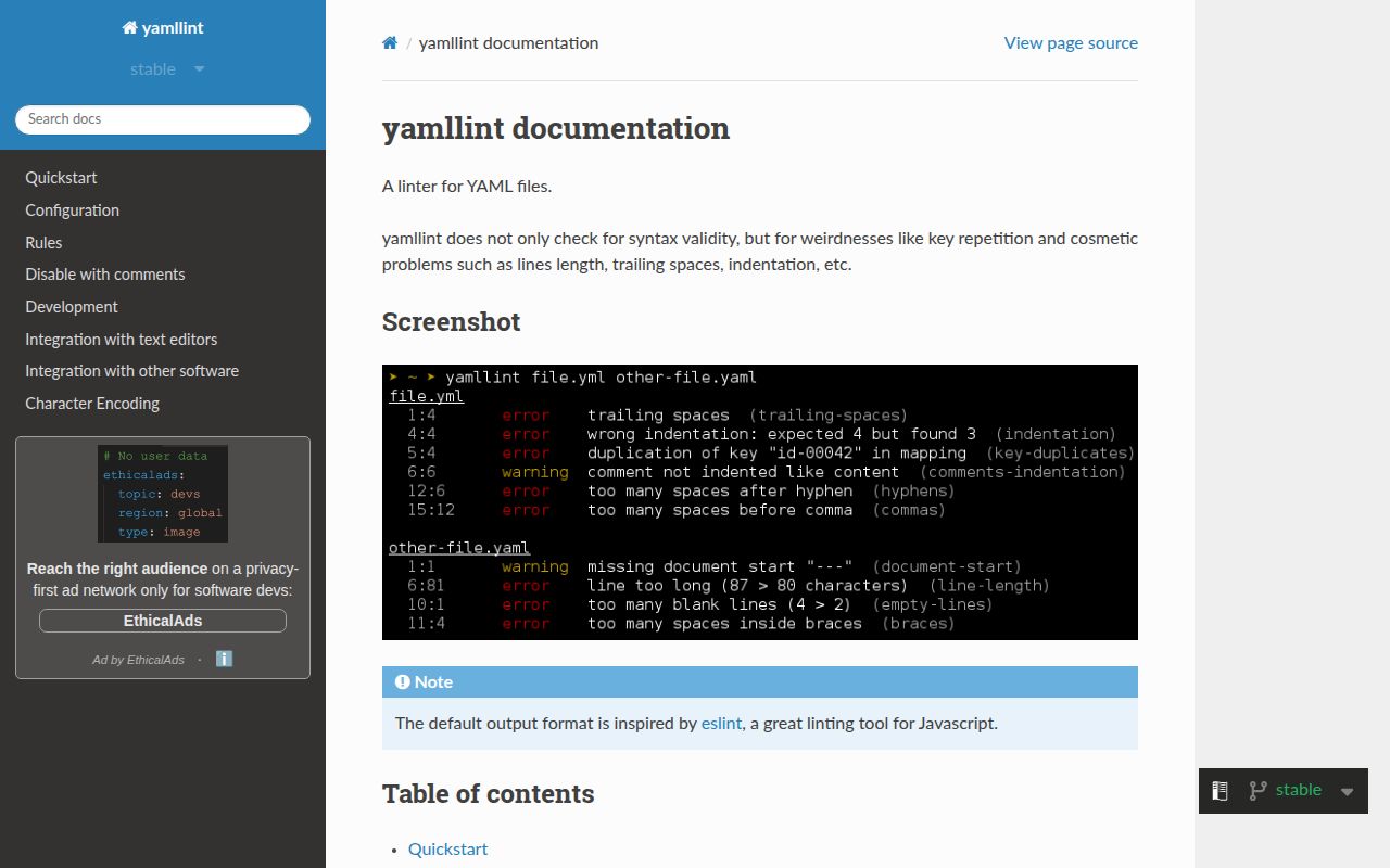Screenshot of yamllint documentation