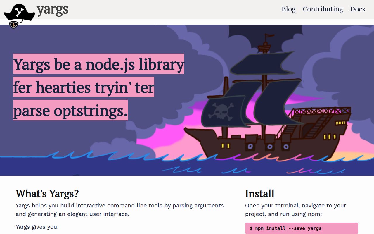 Screenshot of yargs documentation