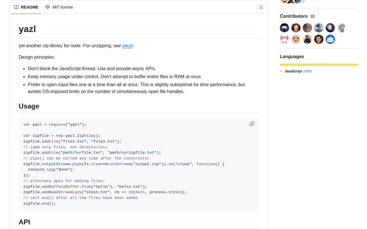 Screenshot of yazl documentation