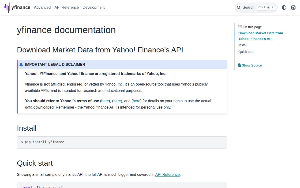 Screenshot of yfinance documentation