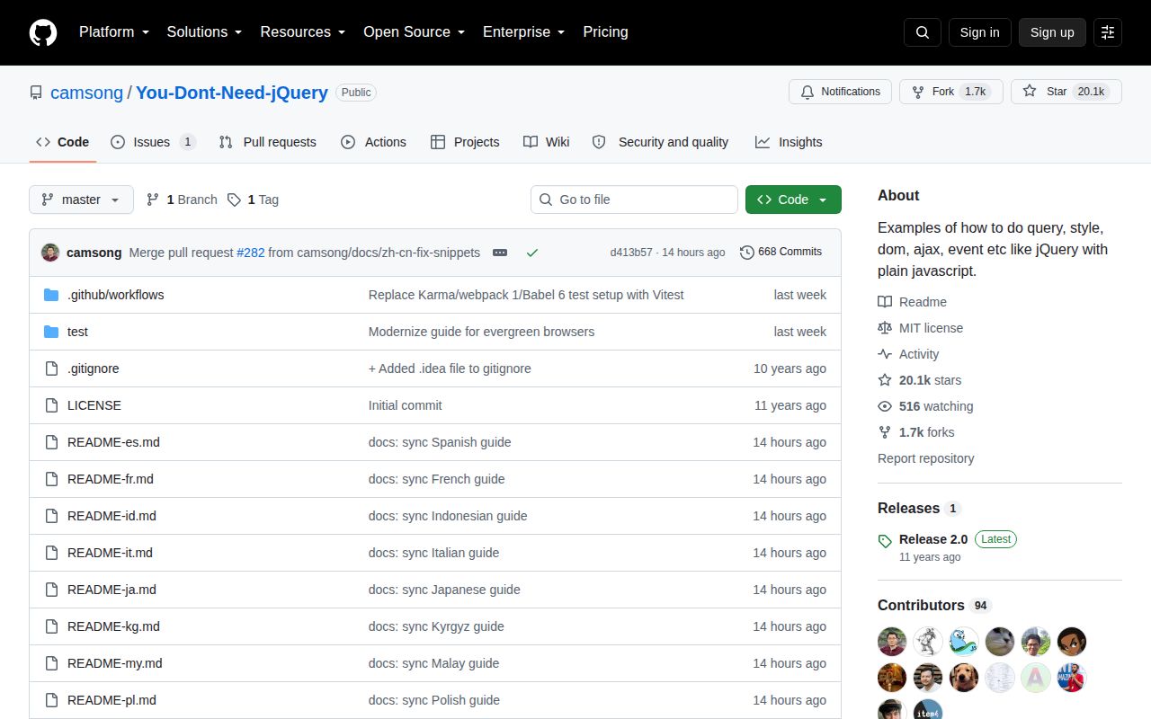 Screenshot of You-Dont-Need-jQuery (github.com/camsong/You-Dont-Need-jQuery)