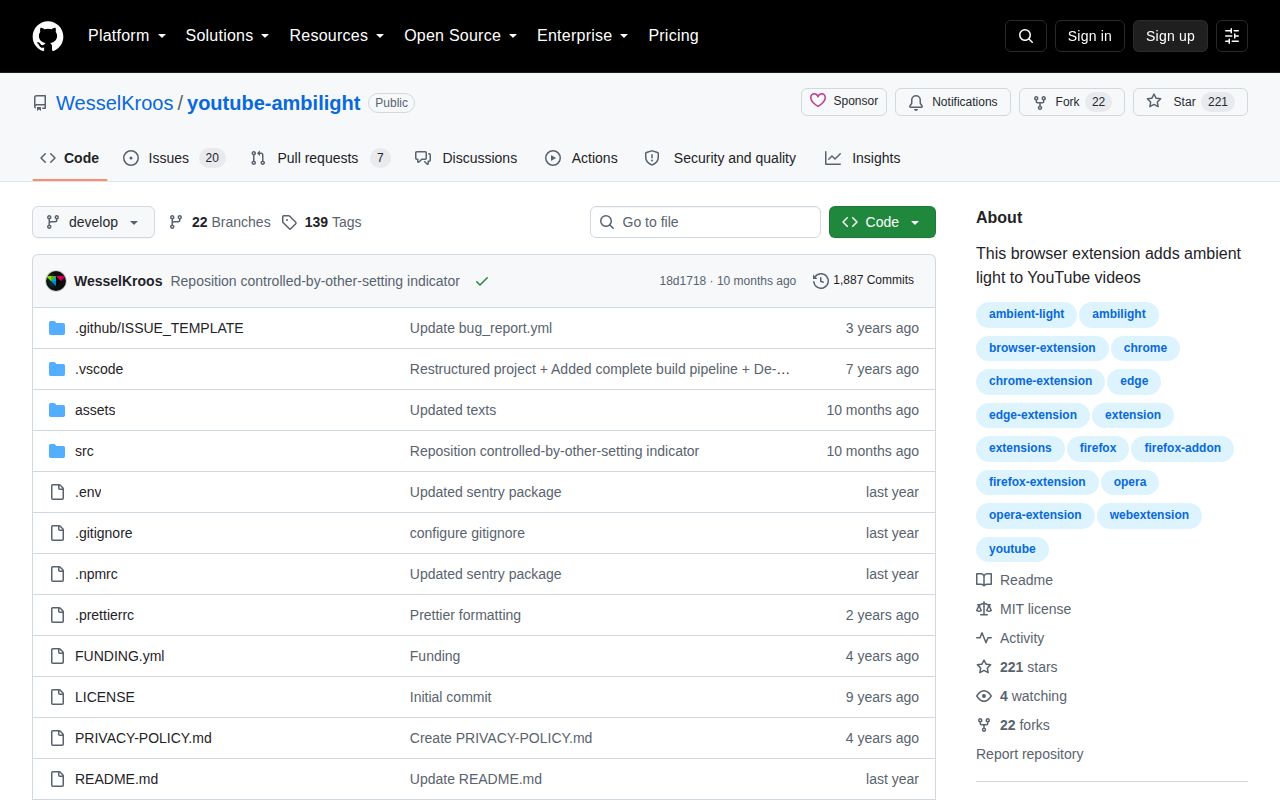 Screenshot of youtube-ambilight (github.com/WesselKroos/youtube-ambilight)