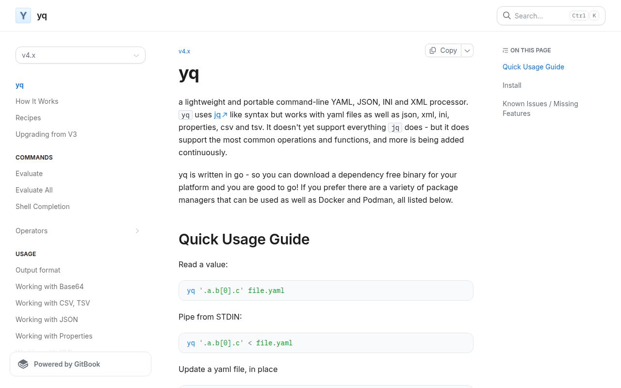 Screenshot of yq (mikefarah.gitbook.io/yq)