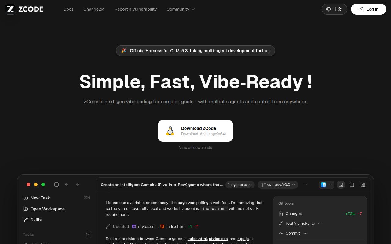 Screenshot of ZCode (zcode.z.ai)