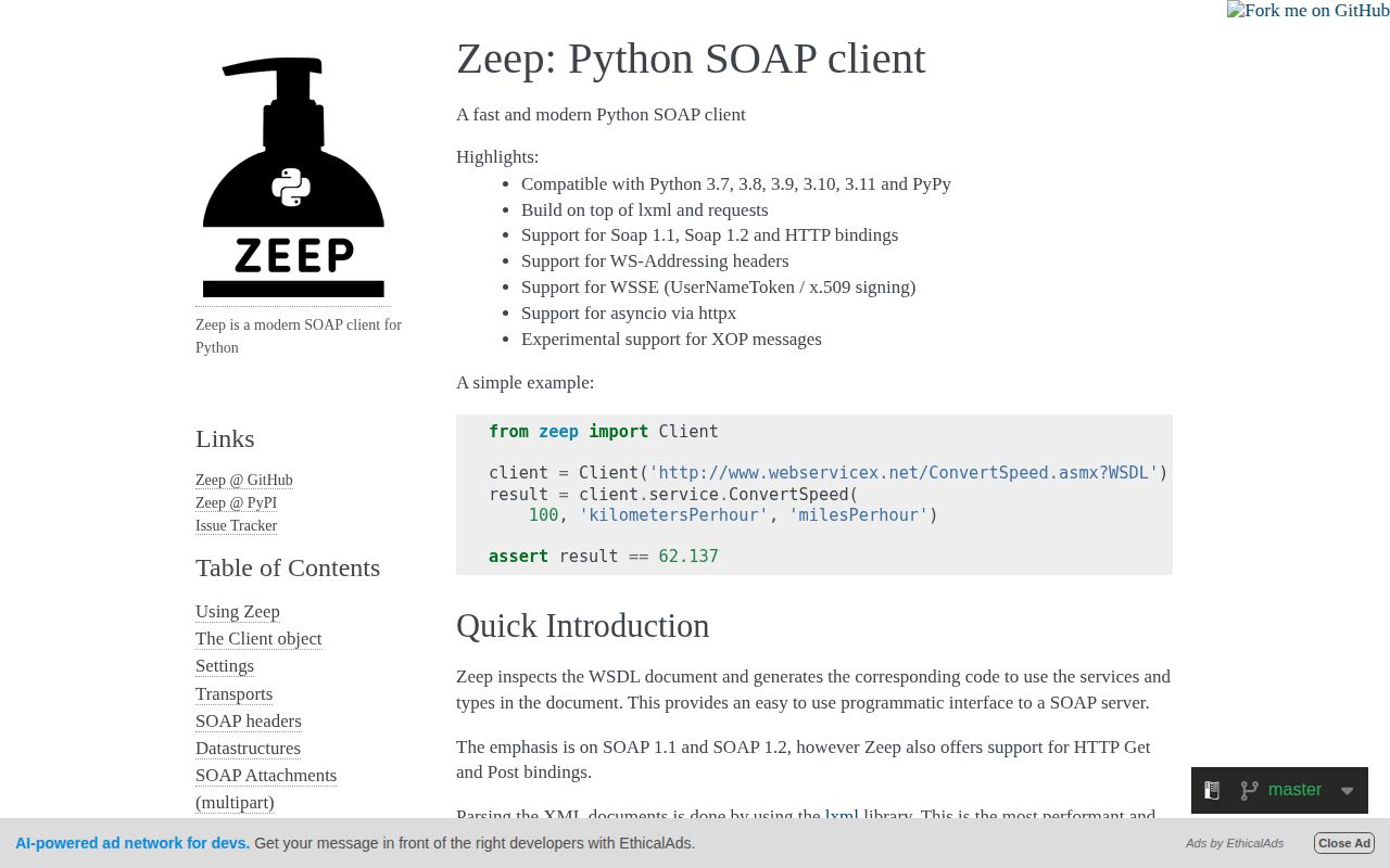 Screenshot of zeep documentation