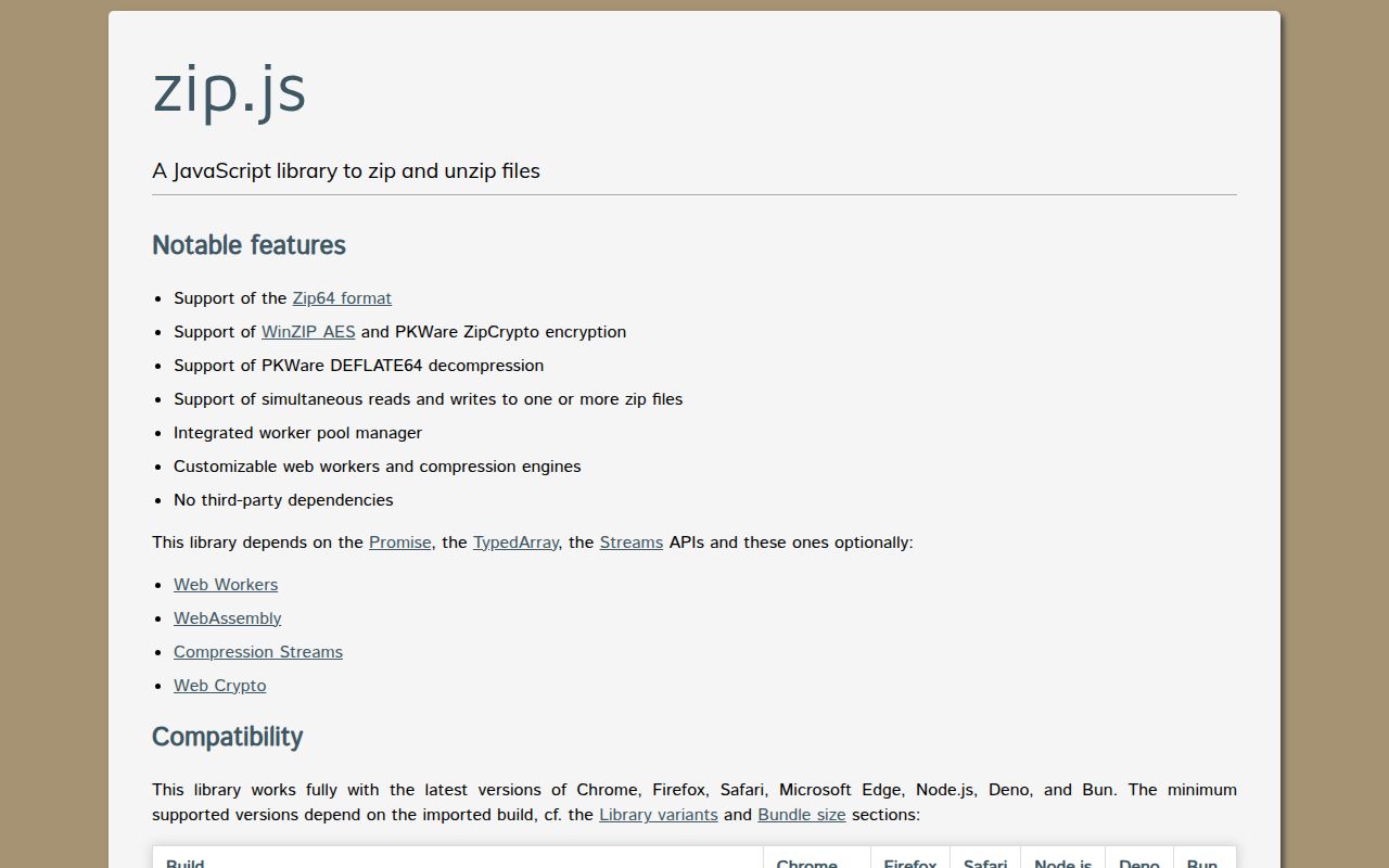 Screenshot of @zip.js/zip.js documentation