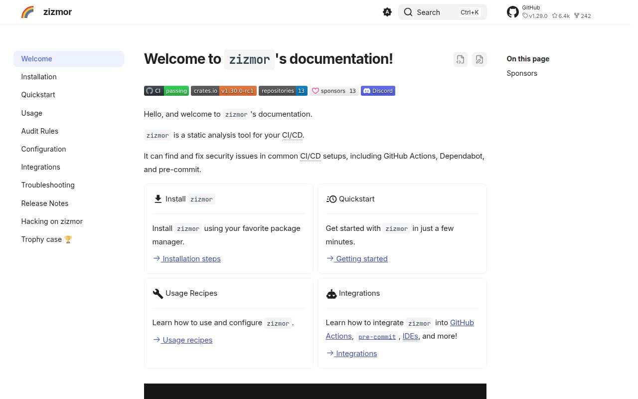 Screenshot of zizmor (docs.zizmor.sh)