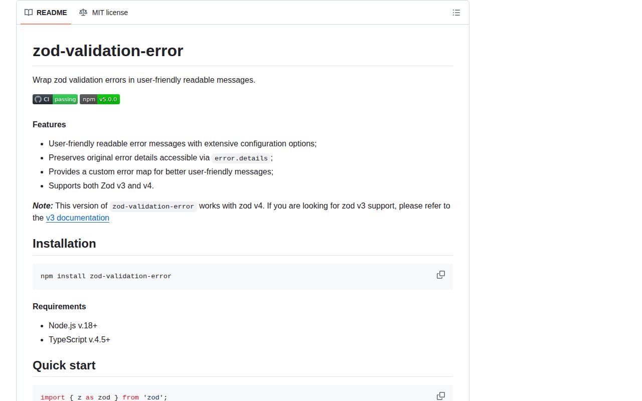 Screenshot of zod-validation-error documentation