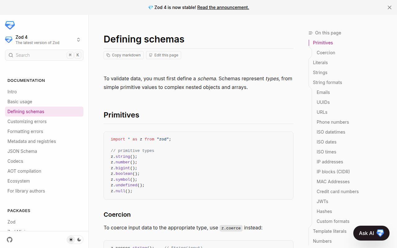 Screenshot of zod documentation