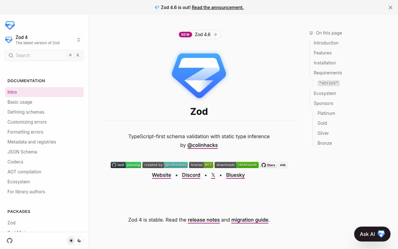 Screenshot of zod (zod.dev)