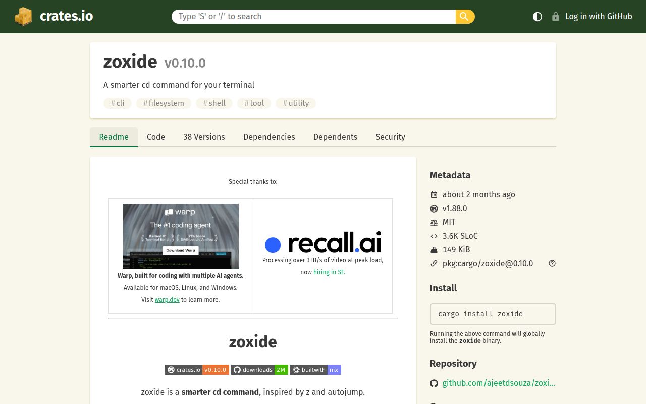 Screenshot of zoxide (crates.io/crates/zoxide)