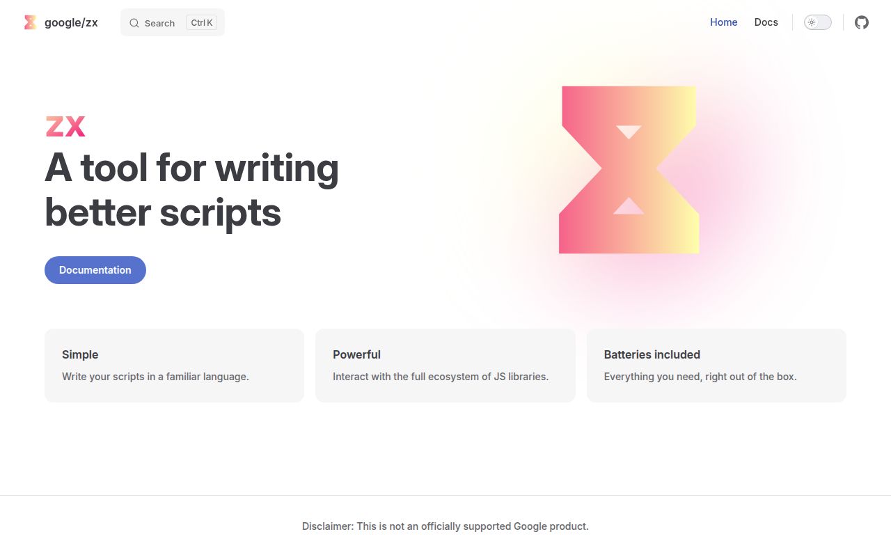 Screenshot of zx (google.github.io/zx)